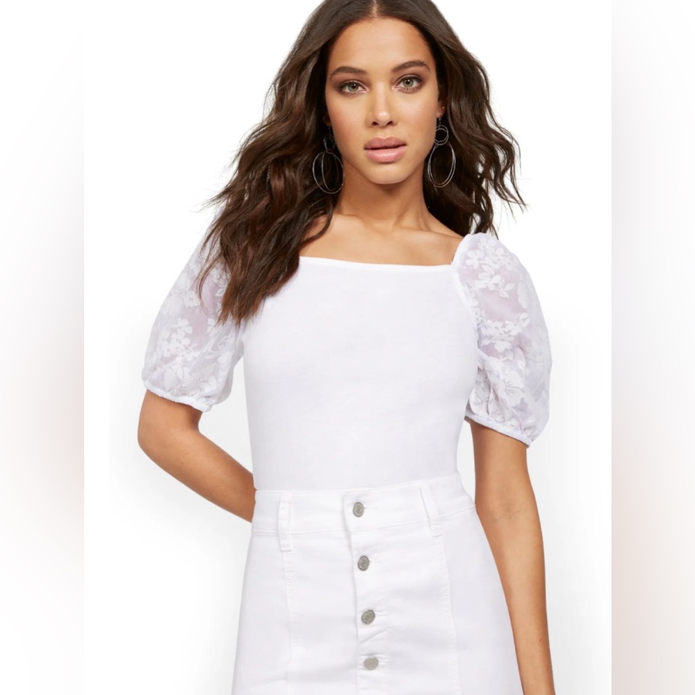 New York & Company Sheer Puff Sleeve Top